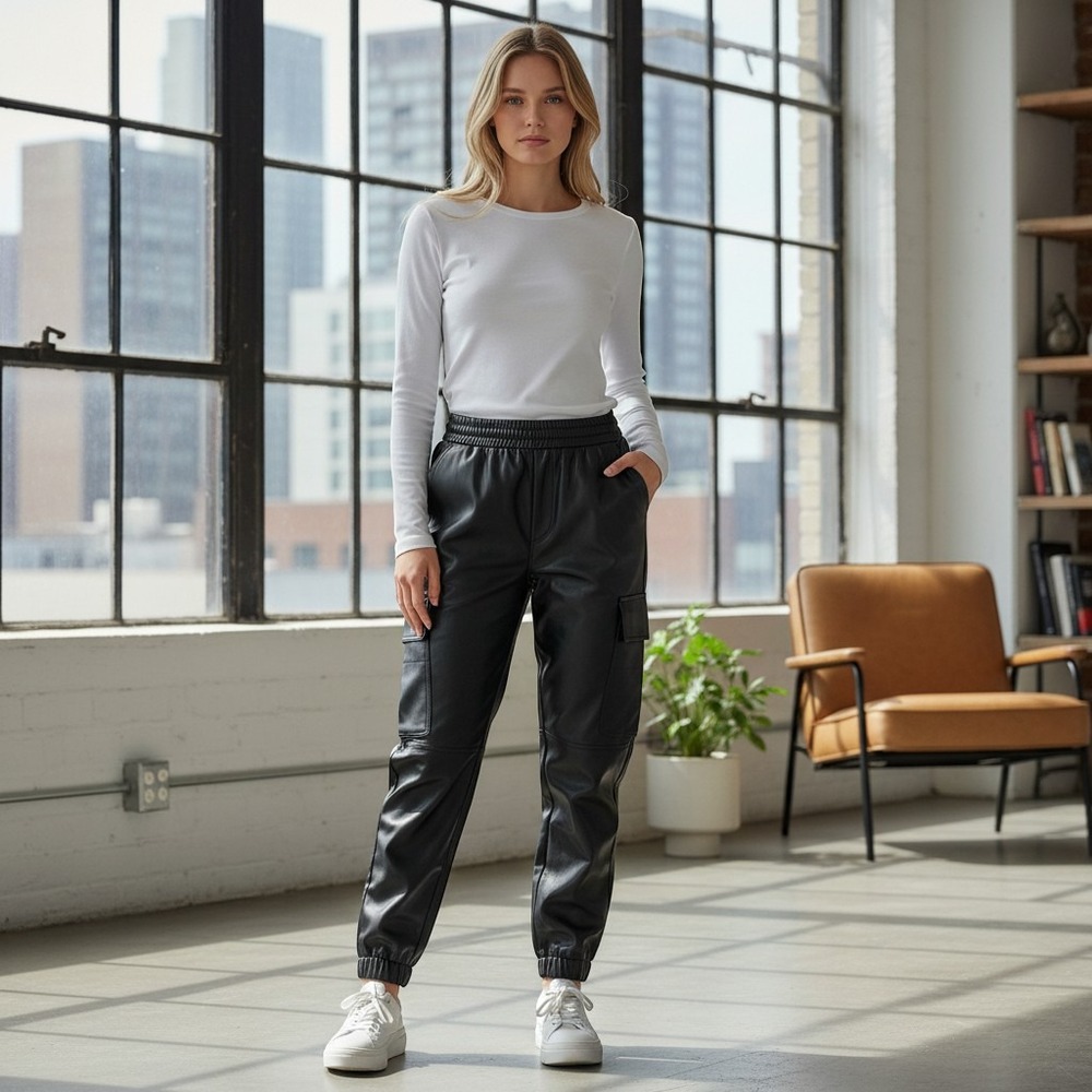 new ZARA faux leather cargo pants women XS black high rise cinch waist straight